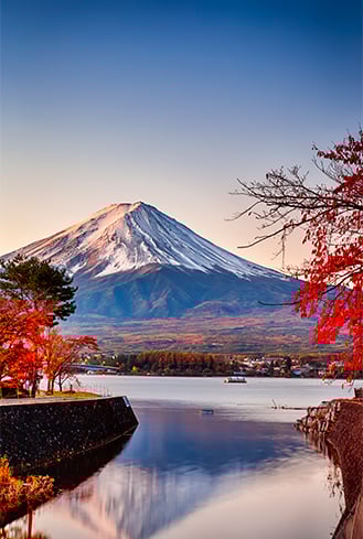 Red Maple Trees in Front of Picturesque Fuji Mountain At Kawaguchiko Lake in Japan.