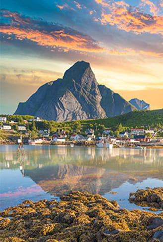Norway Panoramic view of Lofoten Islands in Norway with sunset scenic.