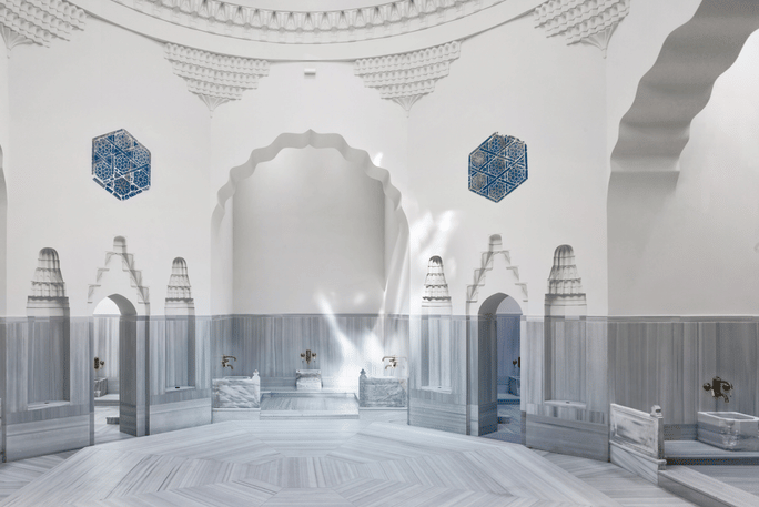 Interior of Zeyrek Çinili Hamam during a traditional ritual